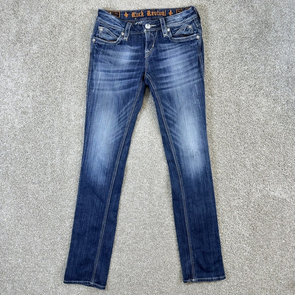 Rock Revival Hazel Straight Jeans Womens 26 Blue Lowâ Rise RJ8298T2 Embellished